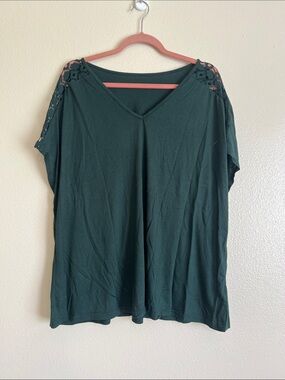 SHEIN Dark Green V-Neck Top with Crochet Shoulder Accents